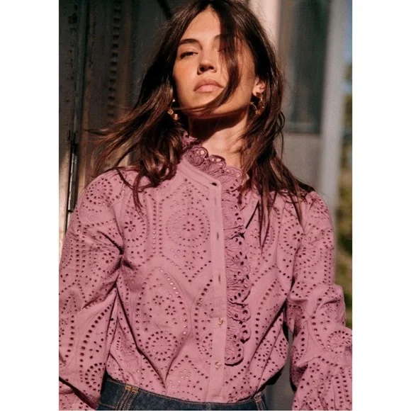 SEZANE Purple Wisteria Eyelet Ruffle Button Down Shirt Scalloped Chlo Blouse Top - Picture 4 of 14